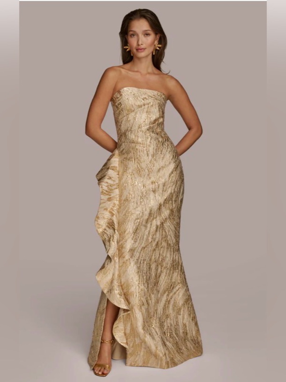 Donna Karan Brocade Strapless Metallic Champagne Ruffle Gown.